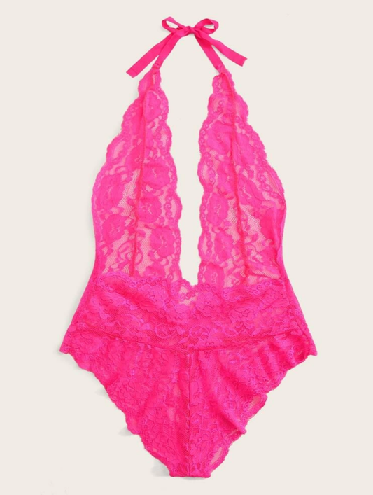 Neon Pink Lace Sheer Bodysuit