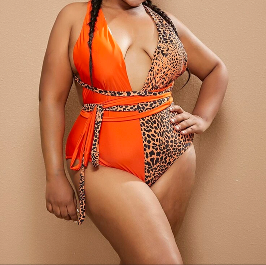 Plunging Leopard One Piece Swimsuit "Plus Size"