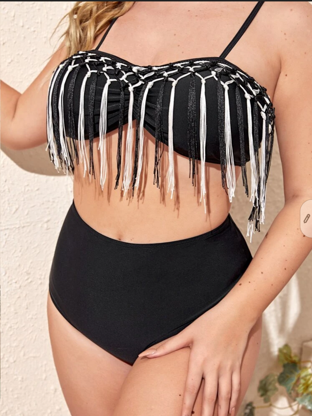 Fringe Trim High Waisted Bikini "Plus Size"